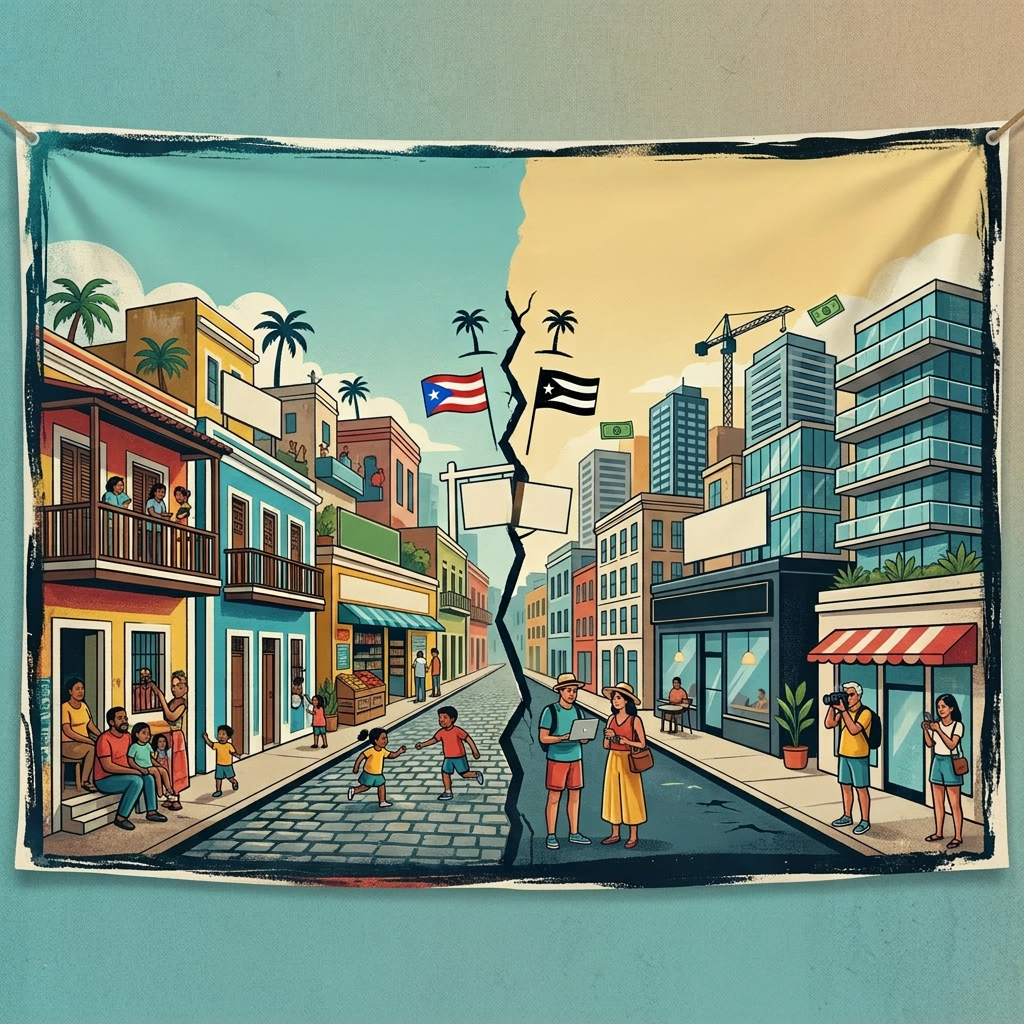 Comparison of Puerto Rican neighborhood before and after gentrification showing community life and rising costs