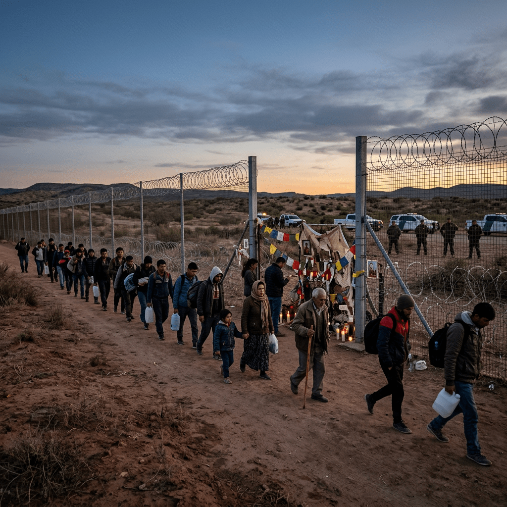Migrants walking in line near a border fence with a memorial and border patrol agents in the background