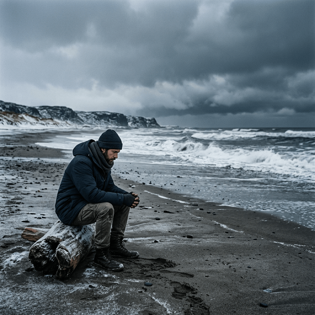 Man sitting on driftwood log at snowy beach with rough waves and cloudy sky