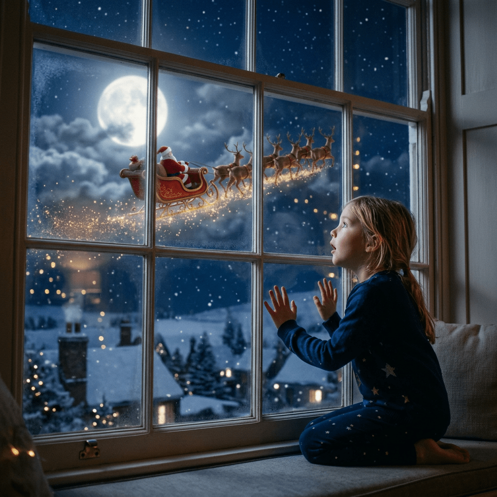 Child looking through window at Santa's sleigh and reindeer flying by a full moon night